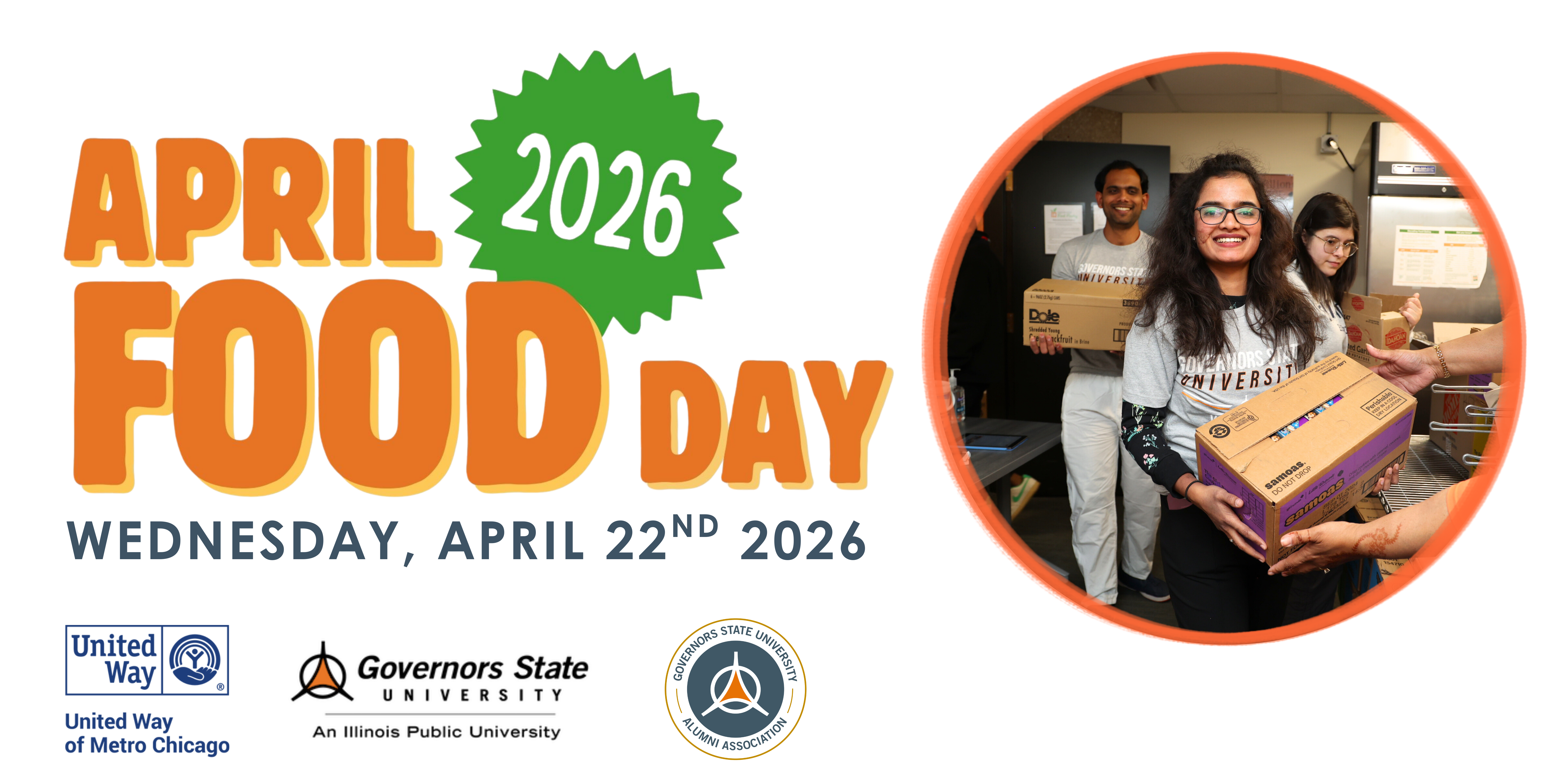 Graphic for April Food Day 2026 featuring a smiling woman volunteering, alongside the logos of United Way of Metropolitan Chicago, Governors State University, and the The Alumni Association at Governors State University.